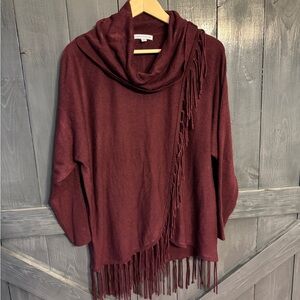 Women's Small Notations Burgundy Cowl Neck Fringe Sweater
